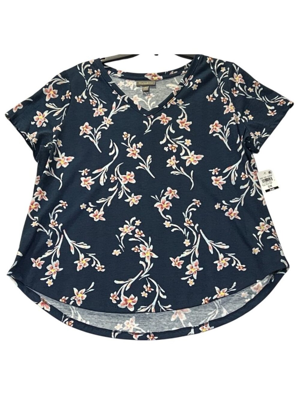 Style & Co Womens Size OX Navy Blue Floral Plus Size Top V-Neck Short Sleeve